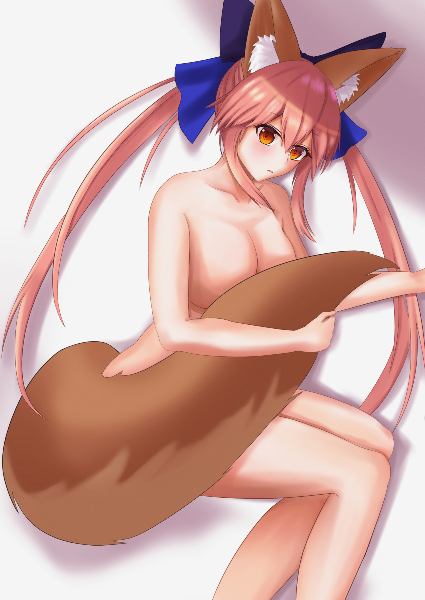 absurdres animal_ear_fluff animal_ears blue_bow bow breasts cleavage collarbone convenient_censoring fate/grand_order fate_(series) female fox_ears fox_girl fox_tail highres kuroamayo large_breasts looking_at_viewer nude pink_hair simple_background solo split_ponytail tail tamamo_no_mae_(fate) white_background yellow_eyes