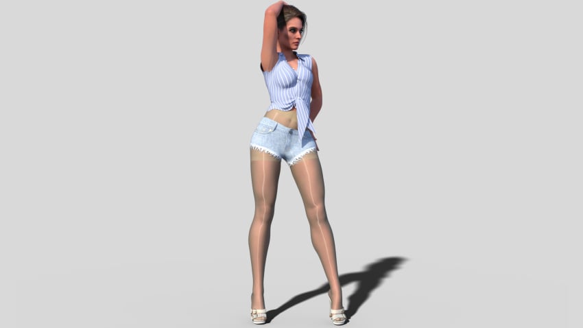 1girls 3d 3d_(artwork) 3d_model capcom daz_studio female female_only fully_clothed heels high_heels jean_shorts jill_valentine jill_valentine_(sasha_zotova) legs long_legs makeup pantyhose pantyhose_under_shorts pose resident_evil resident_evil_3 resident_evil_3_remake shiny_legs shiny_legwear skirt solo summer teejay22