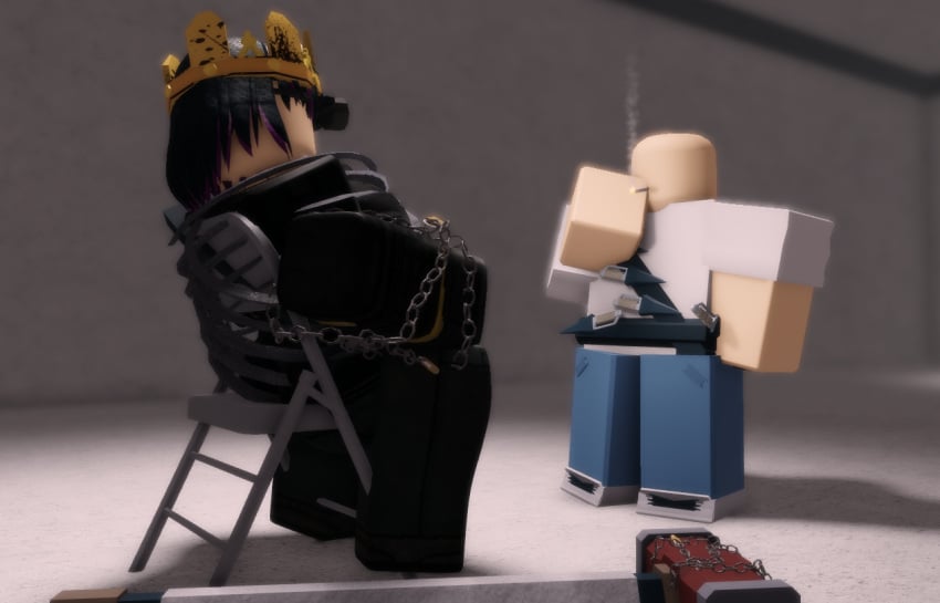 1boy 3d agent_(decaying_winter) bloxmodeller bondage chair_bondage decaying_winter female looking_at_partner restrained roblox roblox_game robloxian self_upload sledge_queen smoking tagme