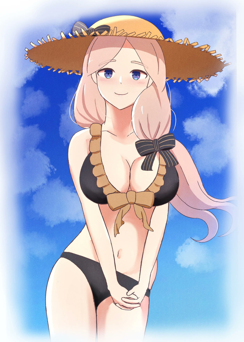 alternate_costume bikini black_bikini black_swimsuit blonde_hair blue_eyes breasts female female_only fire_emblem fire_emblem:_three_houses fire_emblem_heroes looking_at_viewer mercedes_von_martritz mercedes_von_martritz_(summer) mgnk33 nintendo official_alternate_costume solo swimsuit