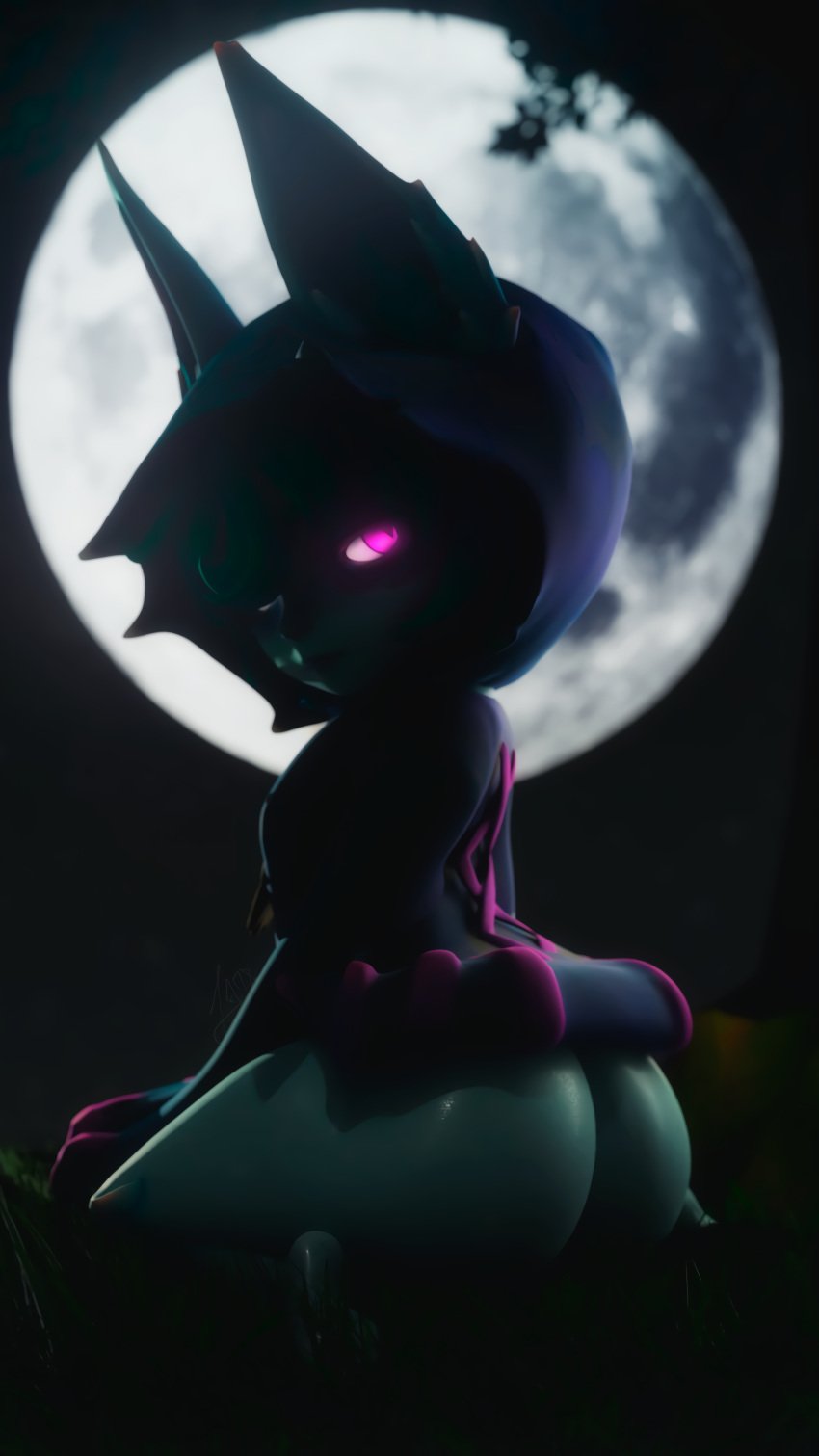 3d adriandustred ass clothing emo goth green_hair high_resolution league_of_legends moon no_panties solo_female vex_(league_of_legends) violet_eyes yordle