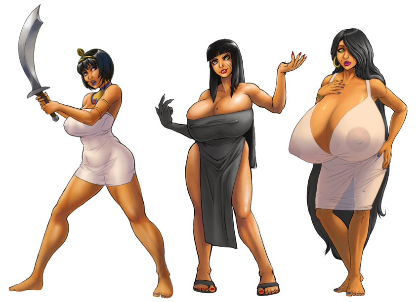 3girls ancient_egypt ancient_egyptian anklet areolae barefoot big_breasts black_hair blue_lipstick bob_cut bracelet breasts busty cleavage daughter dress egypt egyptian egyptian_female eyeshadow farah female female_focus female_only full_body gigantic_breasts hourglass_figure huge_breasts large_breasts legend_of_queen_opala lipstick long_hair makeup milf mother mother_and_daughter nipples osira pose posing queen_opala sandals sanny see-through short_hair sideboob sisters tagme wide_hips