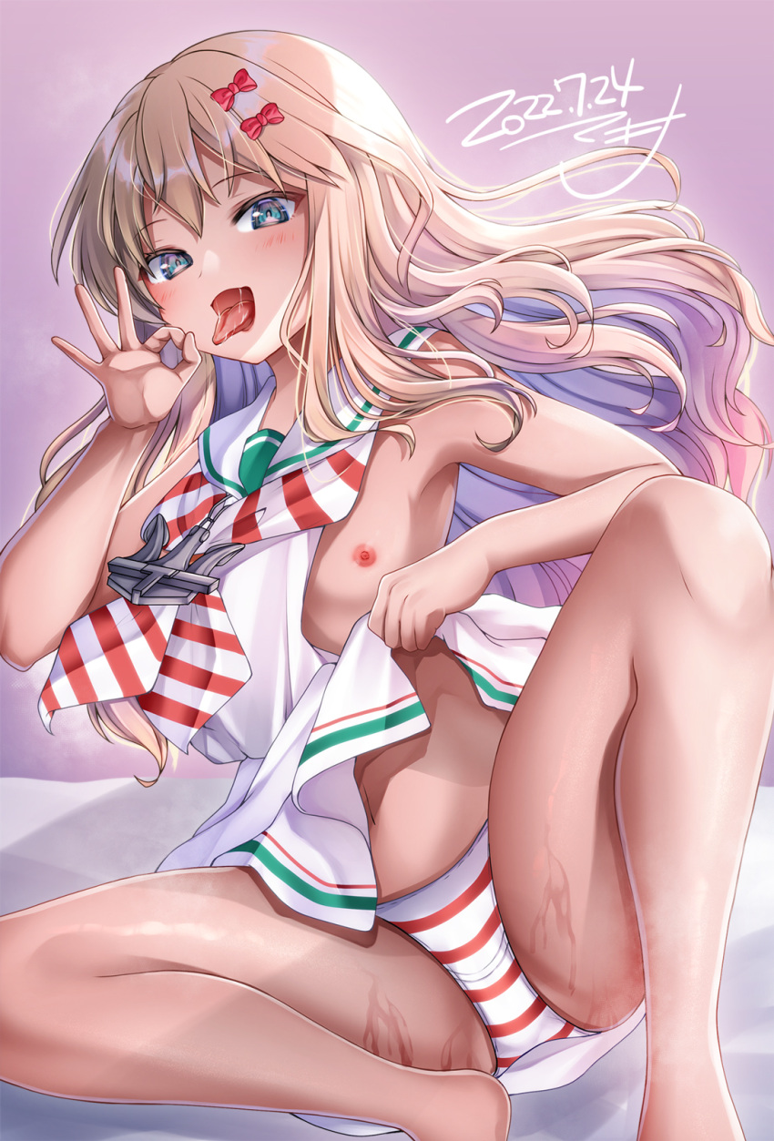 1girls anchor_ornament artist_request blonde_hair clothes_lift dated dress dress_lift fellatio_gesture flat_chest grecale_(kantai_collection) green_eyes highres kantai_collection long_hair navel nipples panties pantyshot striped striped_panties tan tongue tongue_out underwear