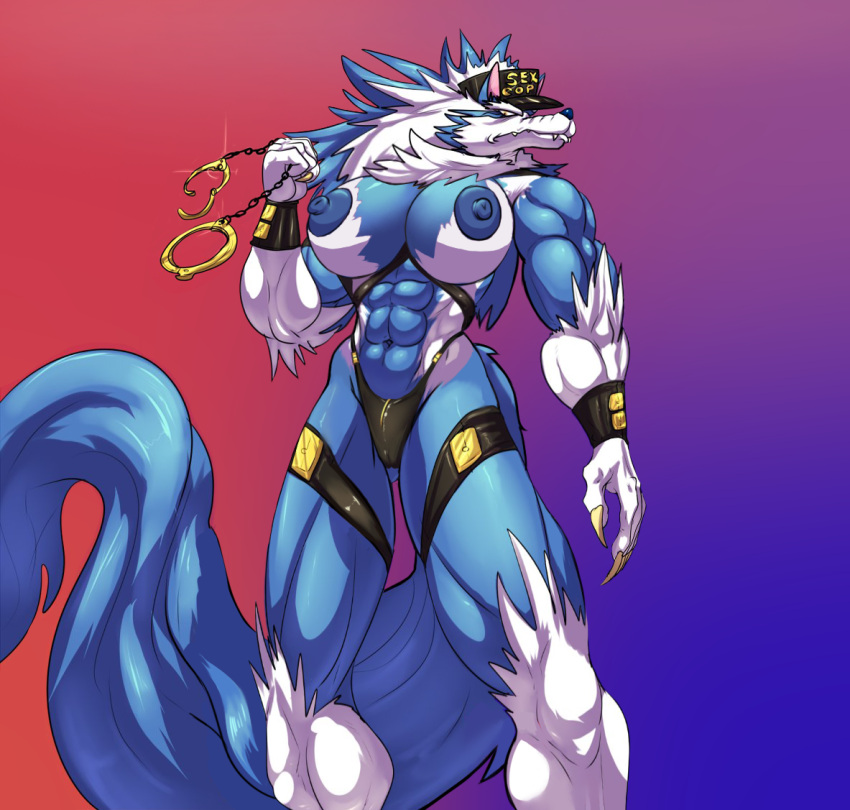 anthro blue_fur capcom cop darkstalkers edit female furry furry_only gallon genderswap genderswap_(mtf) handcuffs hat hungothenomster jon_talbain large_breasts monster_girl no_humans panties police_officer police_uniform redraw rule_63 third-party_edit vampire_savior were werewolf white_fur wolf