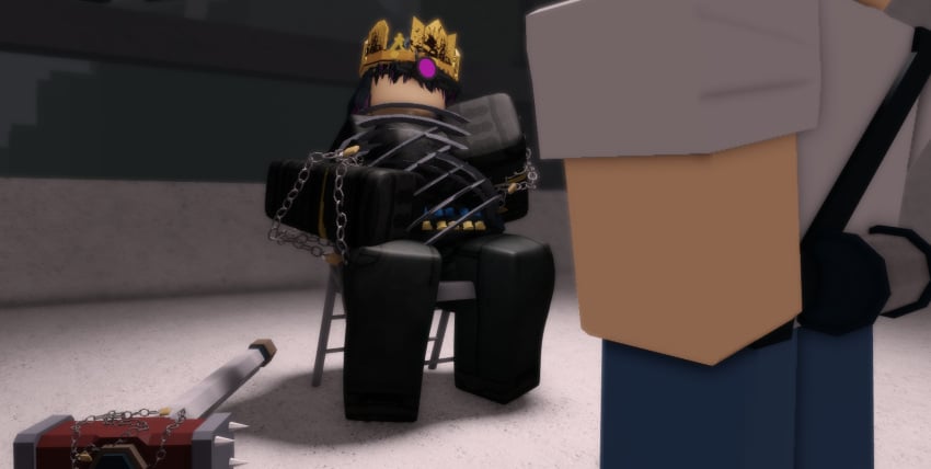 1boy 3d agent_(decaying_winter) bloxmodeller bondage chair_bondage decaying_winter female looking_at_partner restrained roblox roblox_game robloxian self_upload sledge_queen tagme