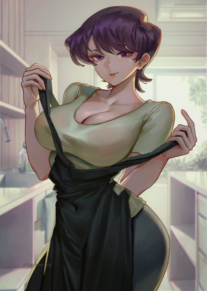 1girls apron big_breasts black_apron bottomwear breasts cleavage female female_only hips huge_breasts komi-san_wa_komyushou_desu komi_shuuko lips looking_at_viewer mature mature_female mature_woman milf mother pants purple_eyes purple_hair sayanestia shirt solo solo_female topwear