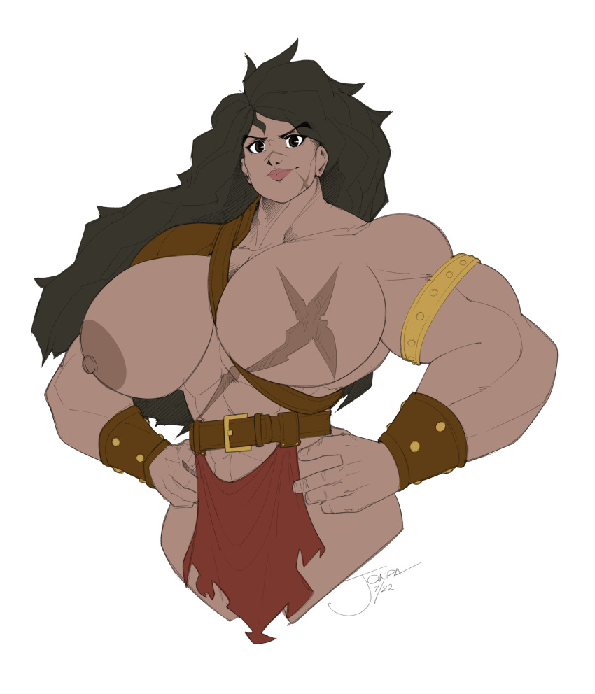 abs barbarian big_muscles breasts brown_eyes brown_hair busty female huge_breasts jonpadraws large_breasts long_hair muscles muscular muscular_female nipples scar solo