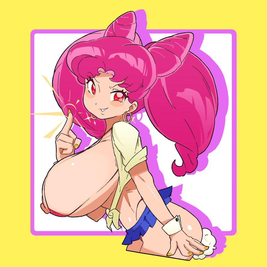 1girls big_breasts bishoujo_senshi_sailor_moon chibi_usa clothed clothing female female_only gibberish_(artist) huge_breasts large_breasts light-skinned_female light_skin looking_at_viewer mostly_clothed pink_hair red_eyes shortstack skirt solo thong topwear twintails voluptuous