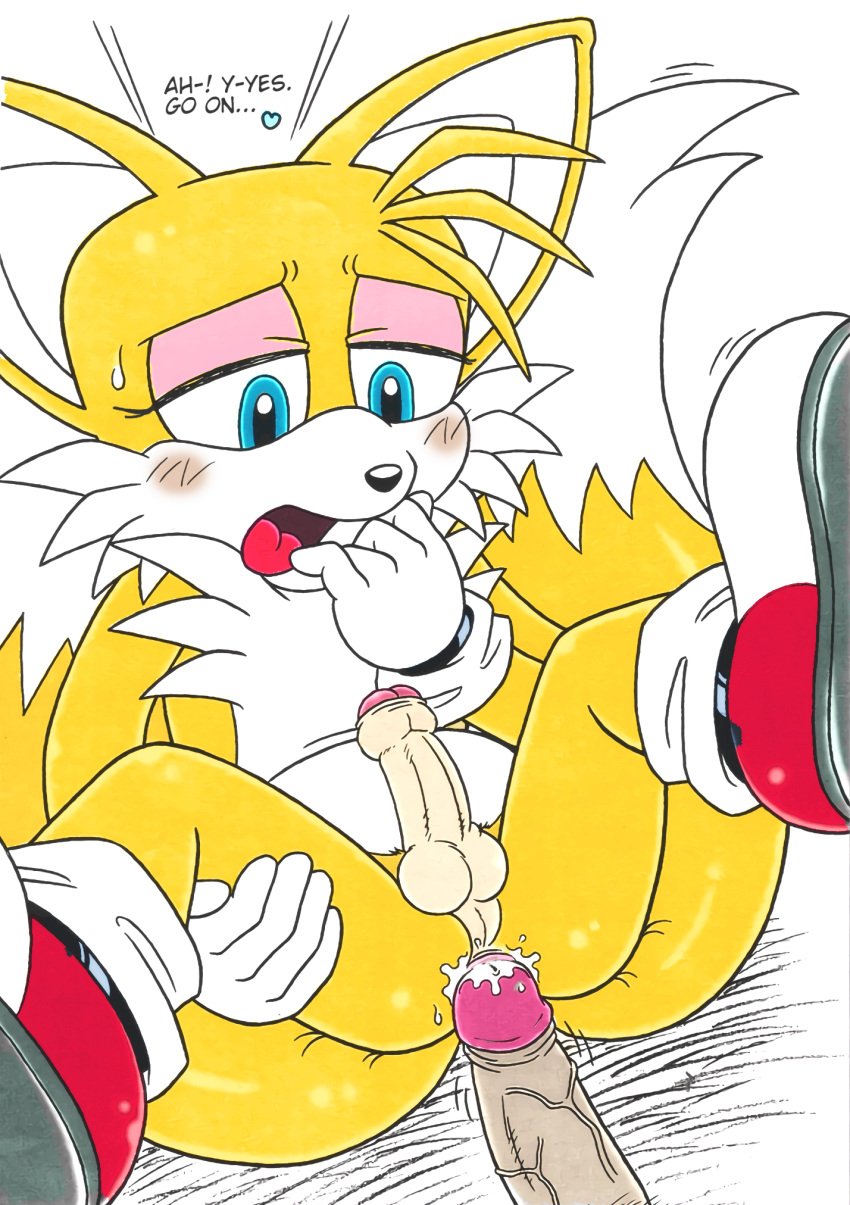 anal anal_insertion anal_sex before_anal edit erection exposed_torso footwear fox furry furry_bomb gay gay_sex handwear human human_on_anthro karate_akabon makeup male mascara miles_prower miles_tails_prower otoko_no_ko penis_size_difference semen_on_ass sonic_(series) tails tails_the_fox yaoi yellow_fur