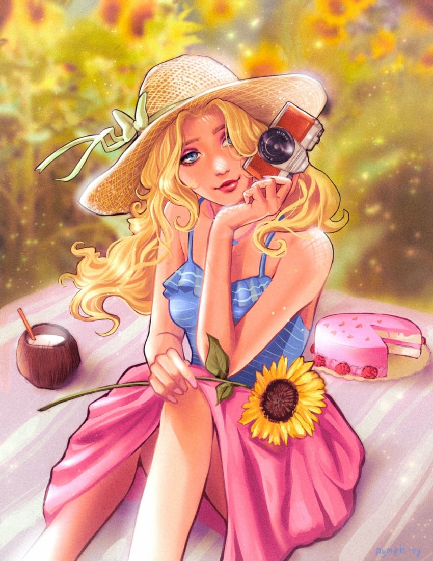 1girls big_breasts blonde_hair blue_dress blue_eyes breasts cute female female_only haley_(stardew_valley) hat holding_sunflower light-skinned_female picnic pink_skirt skirt smile smiling smiling_at_viewer solo solo_female stardew_valley summer sunflower tayvickie