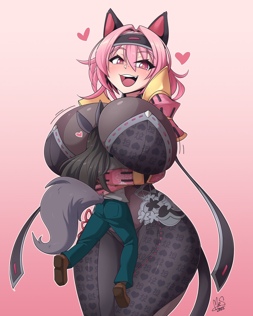 2022 2girls :d acquire bigger_female blush cat_ears compile_heart fake_animal_ears fake_tail female female_only giantess happy happy_female hug huge_breasts hugging idea_factory marvelous neptunia_(series) neptunia_x_senran_kagura_ninja_wars original_character pink_eyes pink_hair rbst ryousakai senran_kagura smaller_female smile smiling tamsoft thick_thighs yuuki_(neptunia_x_senran_kagura_ninja_wars)