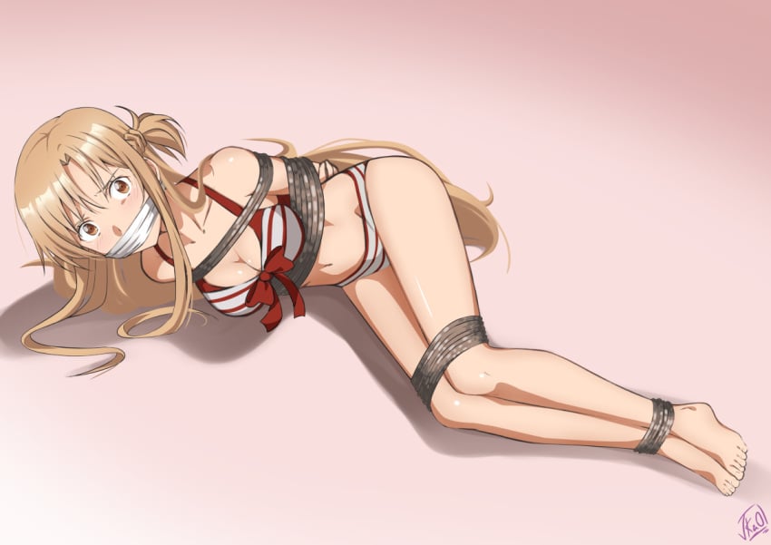 arms_tied_behind_back barefoot big_breasts bikini blush bondage bound bound_ankles bound_arms bound_legs breasts cleavage female femsub gag gagged helpless looking_at_viewer lying_on_side orange_eyes orange_hair restrained rope rope_bondage scared solo solo_female sword_art_online tied_up vakaosciosa very_long_hair yuuki_asuna