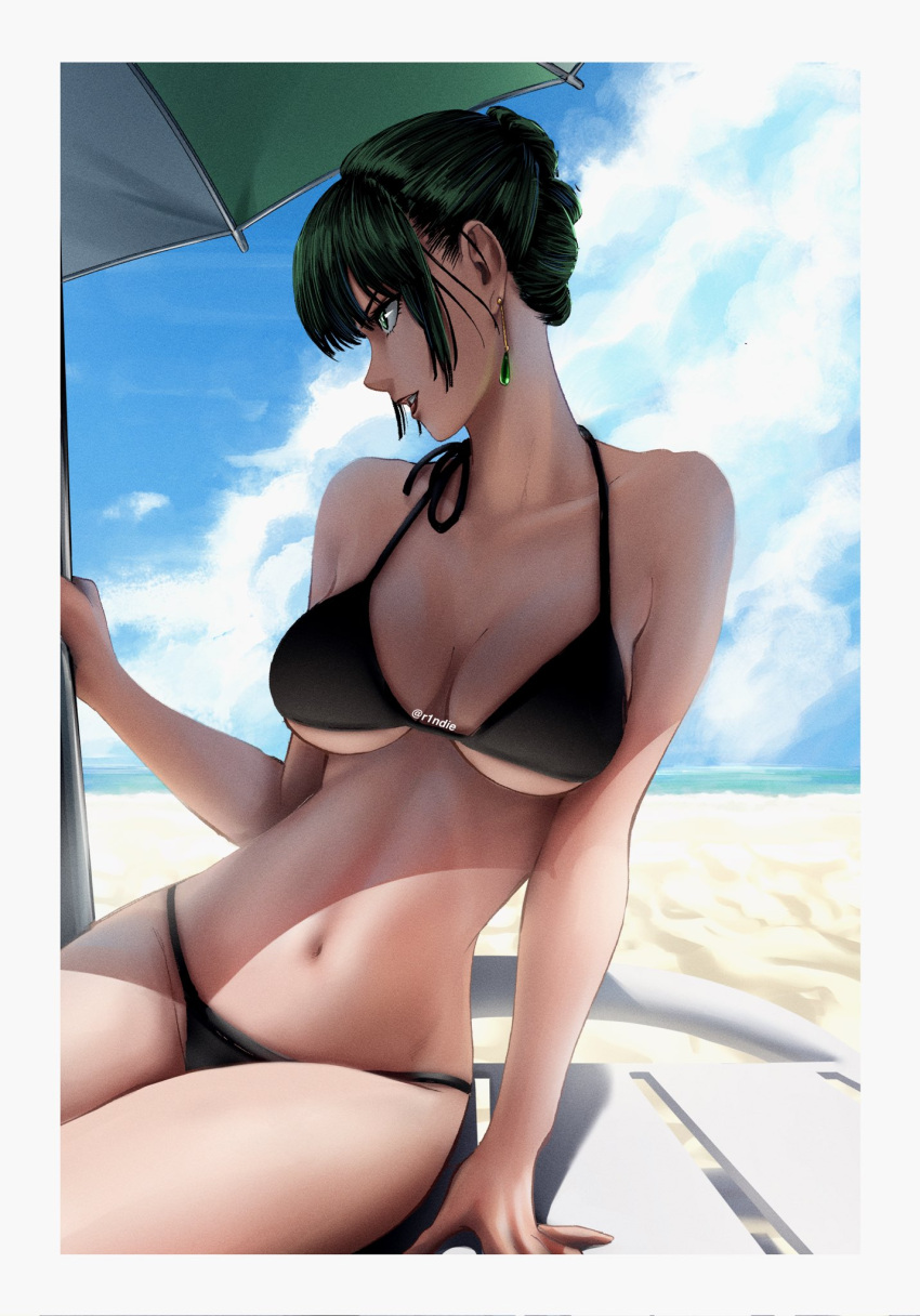 1girls bangs bare_shoulders beach belly belly_button big_breasts bikini bikini_bottom bikini_top blue_sky breasts busty cleavage collarbone colored curvaceous curvy curvy_female curvy_figure dark_green_hair dark_hair earrings eyelashes female female_focus female_only fringe front_view fubuki_(one-punch_man) green_eyes groin heroine hips legs light-skinned_female light_skin lips lipstick looking_away midriff murata_yuusuke navel ocean official_art one-punch_man r1ndie sitting sitting_on_chair sky slim slim_waist smile smiling solo solo_female solo_focus stomach thick thick_legs thick_thighs thighs thin_waist tied_hair toned toned_body toned_female toned_stomach underboob voluptuous waist wide_hips