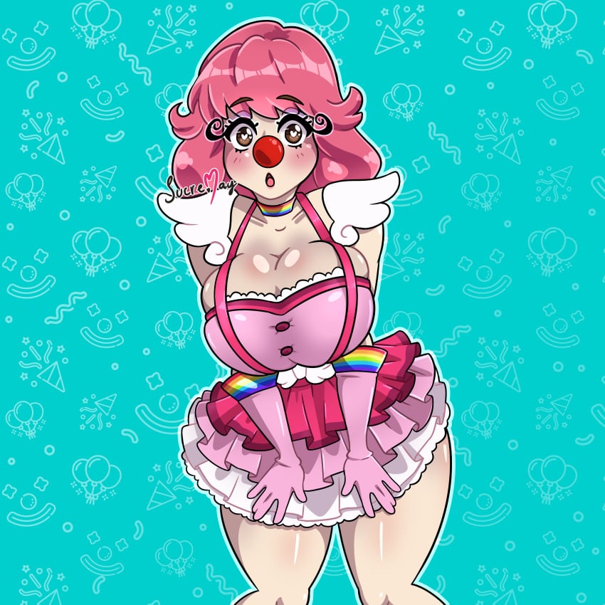 1girls big_breasts brown_eyes clown clown_girl cute geiru_toneido looking_at_viewer nsfw patreon patreon_exclusive patreon_reward pink_hair solo solo_female sucremay thick_thighs thighs