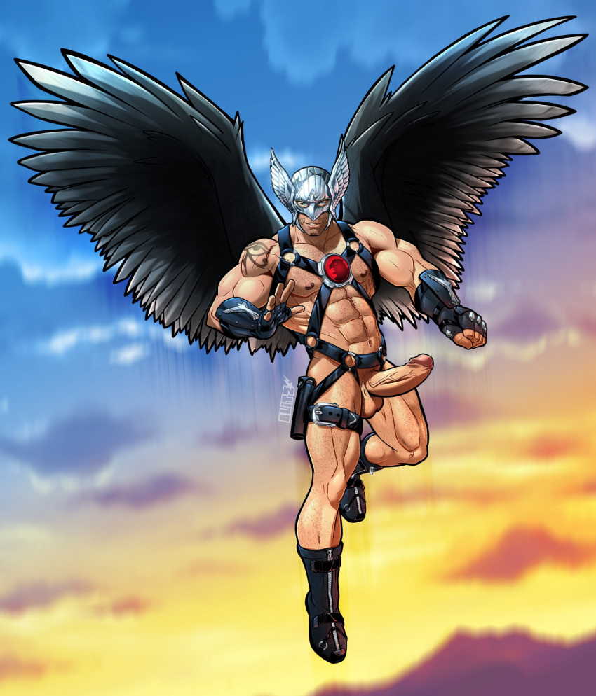 1boy abs balls ballsack beard_stubble blitzturner blue_eyes body_hair boner boots carter_hall dc dc_comics erect_penis erection facial_hair flying foreskin foreskin_folds hard_on harness hawkman helmet humanoid humanoid_penis intact male male_nipples male_only male_pubic_hair masked mostly_nude_male muscles muscular_male pecs penis posing retracted_foreskin scrotum solo tattoo testicles uncut veiny_penis wings