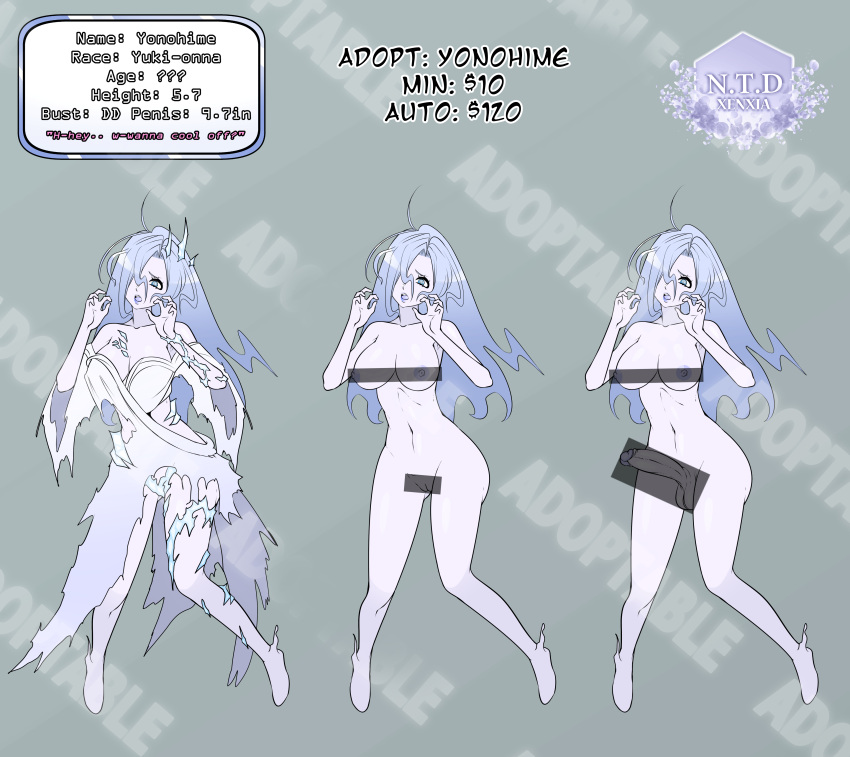 1futa 1girls adoptable areolae atelier_sol_aer balls bar_censor blue_eyes blue_hair blue_skin breasts censored character_sheet clothed clothing cup_size e-cup_breasts female full_body fully_clothed futanari ghost ghost_girl humanoid nipples nude pale_skin penis reference_image self_upload standing text xenxia ych yuki-onna