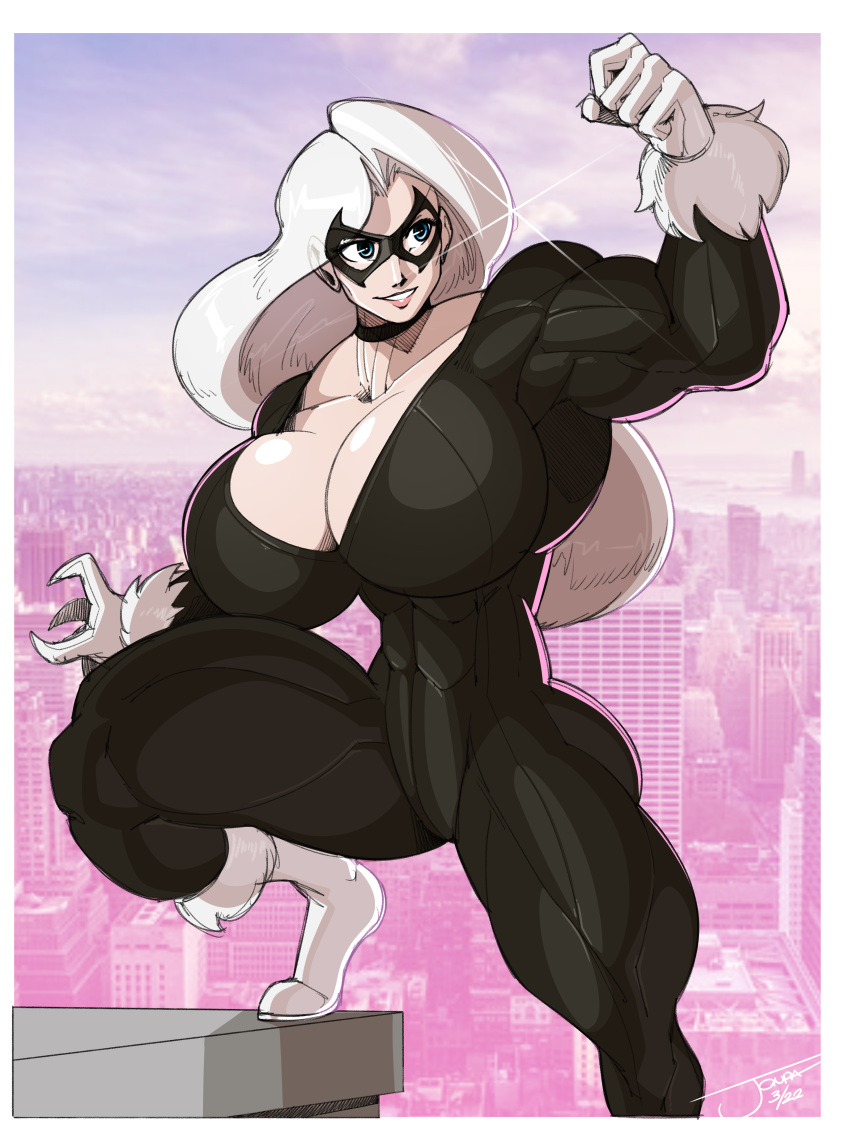 abs black_cat_(marvel) blue_eyes breasts choker cleavage felicia_hardy female female_only huge_breasts jonpadraws large_breasts long_hair marvel marvel_comics muscles muscular muscular_female solo thick_thighs thunder_thighs white_hair