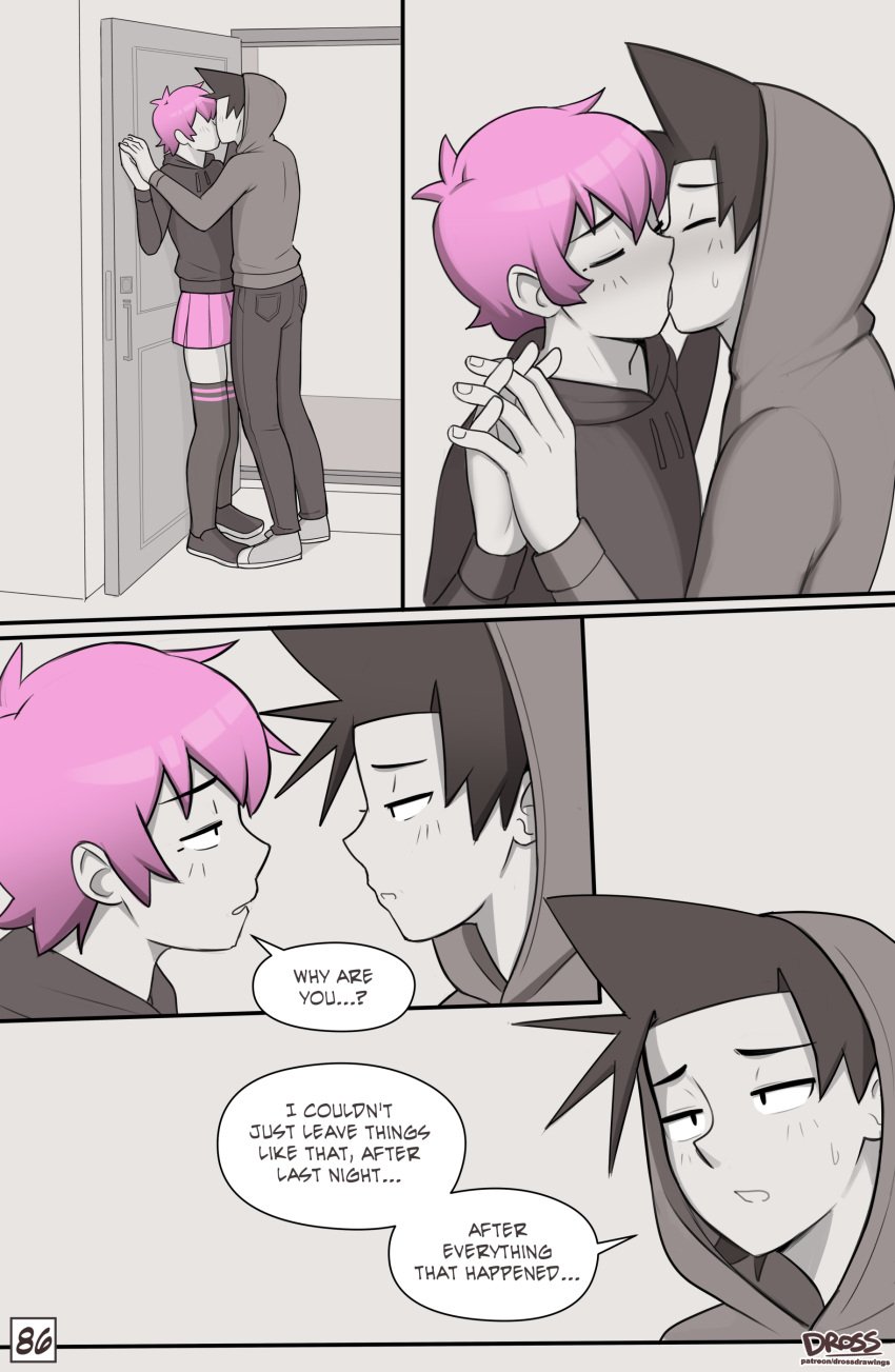 2boys black_hair black_hoodie blush comic comic_page crossdressing cute_male dialogue dross femboy gay grey_hoodie hand_holding holding_hands hood_down hood_up hoodie jacob_(dross) kissing light-skinned_male light_skin male male/male male_only monochrome pink_hair pinned_to_wall skater_boi_(dross) skirt tagme taylor_(dross) text text_bubble thighhighs thighs twink yaoi