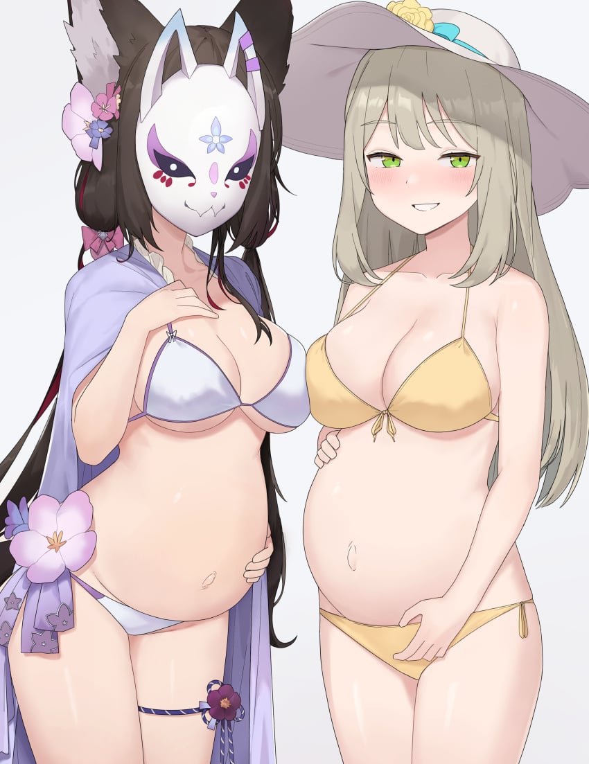 2girls abydos_high_school_student allied_hyakkiyako_academy_student animal_ears big_breasts bikini blonde_hair blue_archive blush brown_hair cape cleavage female female_only flower_in_hair foreclosure_task_force_(blue_archive) green_eyes hand_on_belly hat holding_belly kemonomimi long_hair looking_at_viewer manglifer mask masked masked_female nonomi_(blue_archive) nonomi_(swimsuit)_(blue_archive) pregnant shawl smile sun_hat swimsuit thigh_strap twintails underboob wakamo_(blue_archive) wakamo_(swimsuit)_(blue_archive) white_bikini yellow_bikini