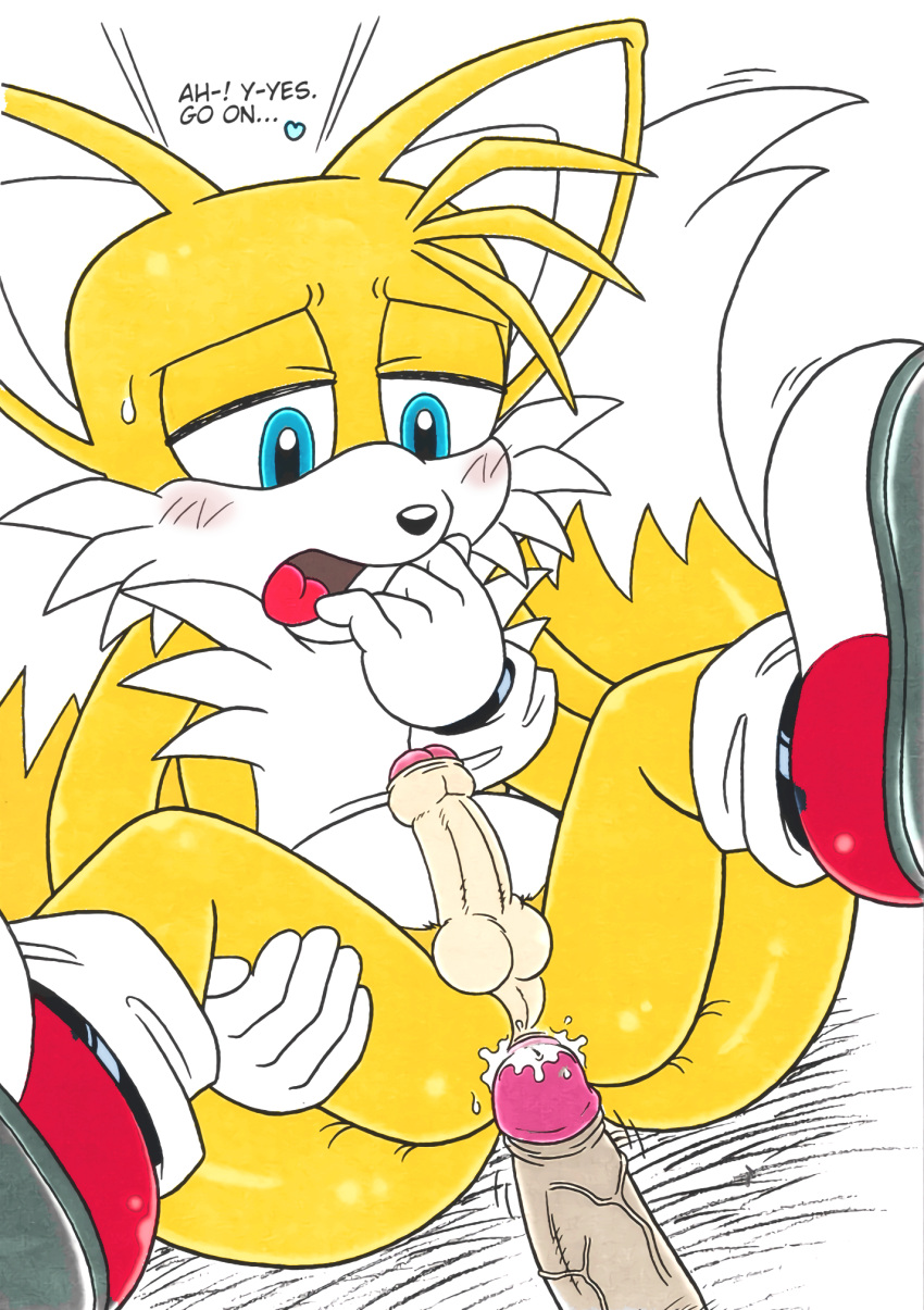 anal anal_insertion anal_sex before_anal erection exposed_torso footwear fox furry furry_bomb gay gay_sex handwear human karate_akabon male penis_size_difference semen_on_ass sonic_(series) tails yaoi yellow_fur