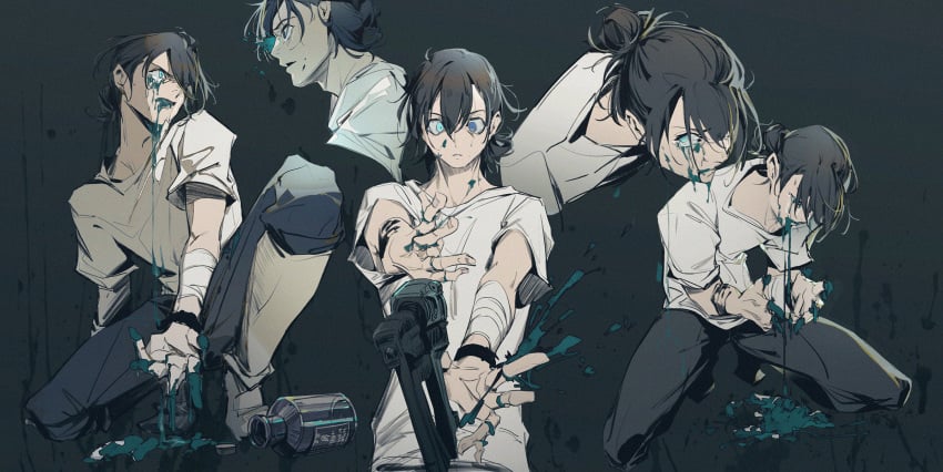 1boy ajiro_shinpei aquajack bandaged_arm bandages black_hair black_pants blood blood_from_eyes blood_from_mouth blood_on_face blood_spray blue_eyes bottle chinese_commentary film_grain full_body green_blood grey_background guro hair_between_eyes hair_bun heterochromia highres looking_up male_focus nail_gun open_mouth pants severed_finger shirt short_hair short_sleeves single_hair_bun summertime_render tears white_shirt