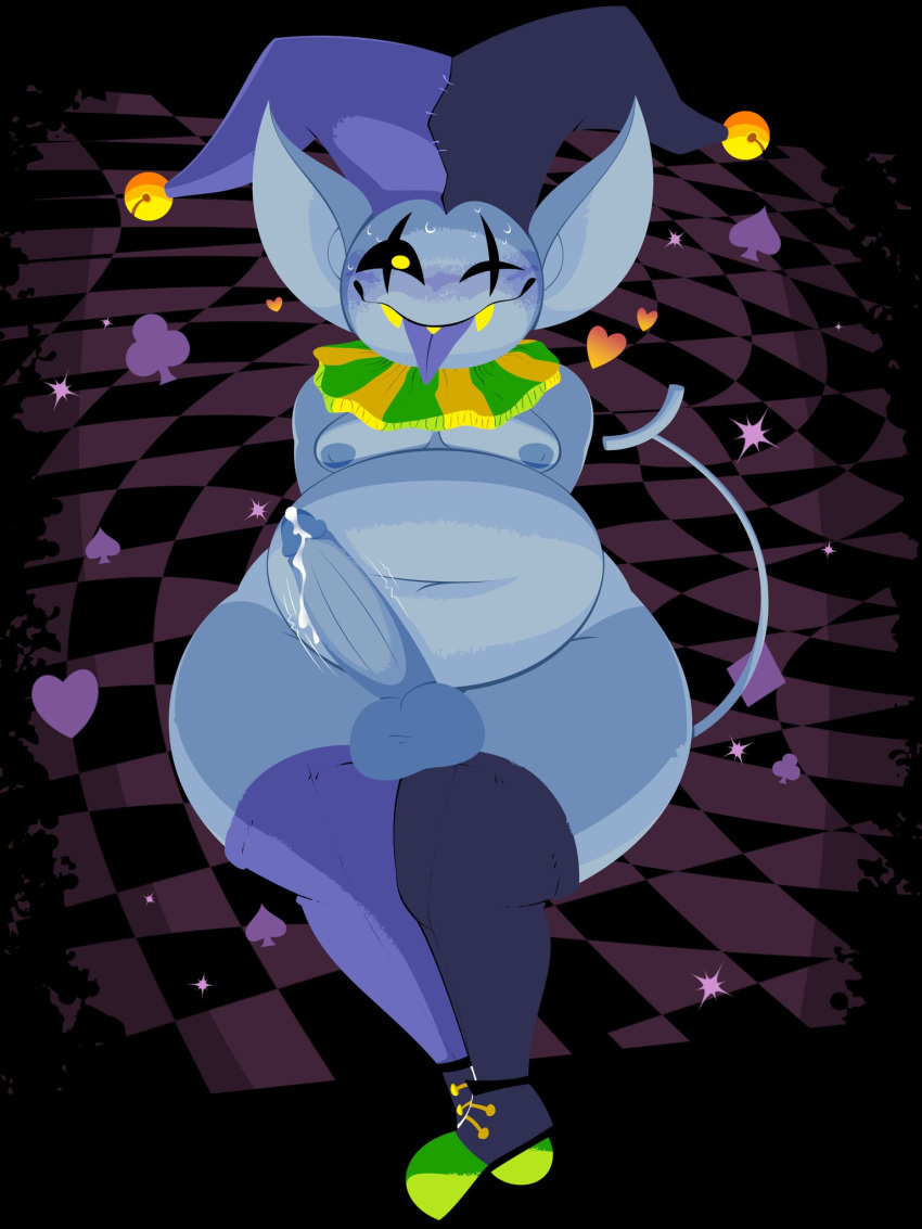 3:4 abstract_background alternate_version_at_source anthro balls belly big_belly big_ears black_sclera blue_body blue_skin bulge citrussluggo clothed clothing cum darkner deep_navel deltarune digital_drawing_(artwork) digital_media_(artwork) femboy fool's_hat footwear girly hat headgear headwear heart hi_res humanoid humanoid_pointy_ears imp jester jevil_(deltarune) legwear looking_at_viewer male male_only mammal moobs navel nipples not_furry one_eye_closed overweight overweight_humanoid overweight_male penis shoes shortstack simple_background solo thick_thighs thigh_highs tongue tongue_out topless undertale_(series) video_games wide_hips wink yellow_eyes