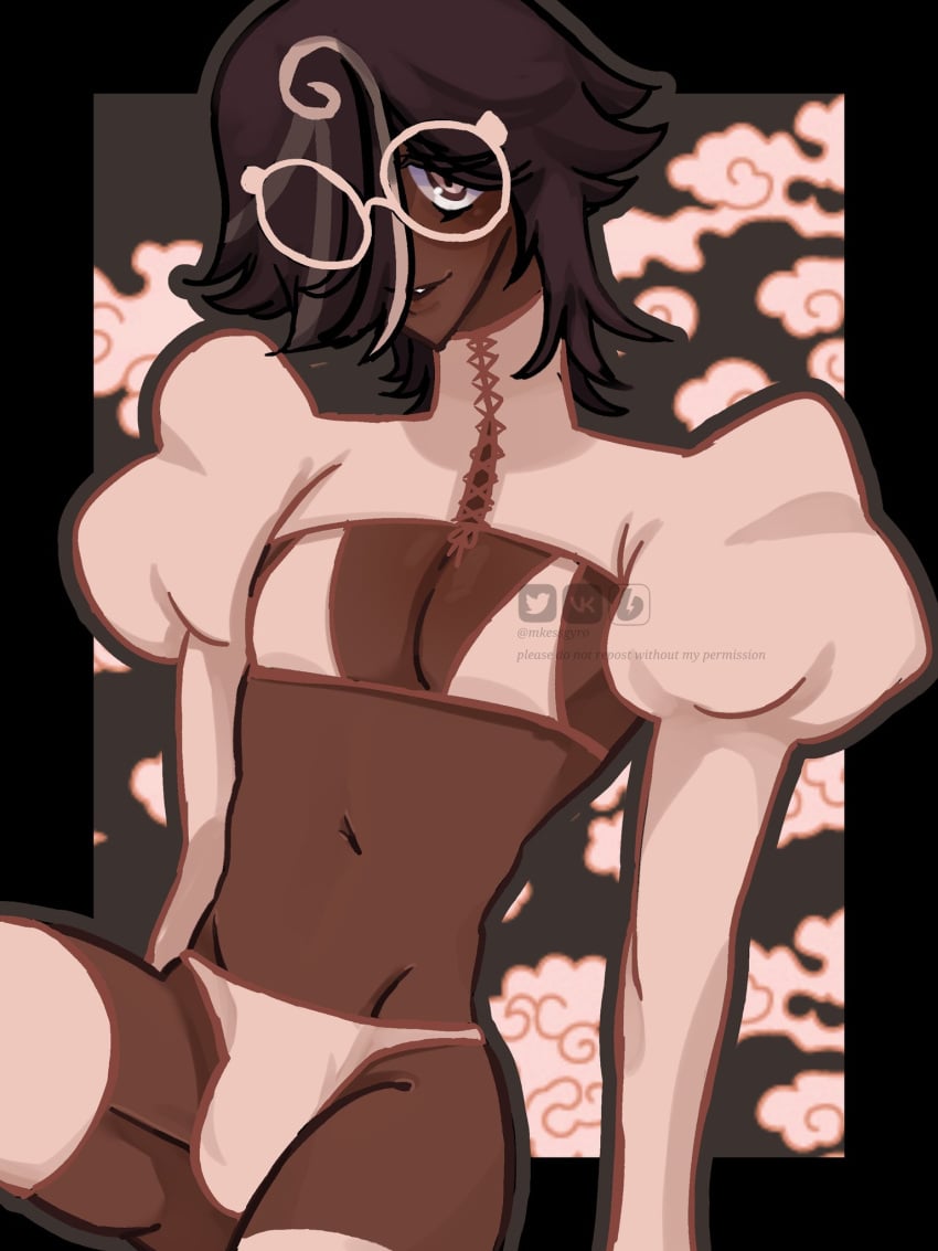 1boy 1femboy artist_logo blouse blush blushing_at_viewer bra bra_on_male brown_eyes brown_hair collar cookie_run cookie_run_kingdom corset_collar crop_top dark-skinned_femboy dark-skinned_male dark_skin dickey espresso_cookie glasses half_shirt lingerie lingerie_only looking_at_viewer male_in_lingerie male_lingerie mkessgyro parted_lips puffed_sleeves puffy_sleeves short_hair simple_background sleeves solo solo_focus solo_male streaked_hair thigh-highs thigh_highs thighhighs