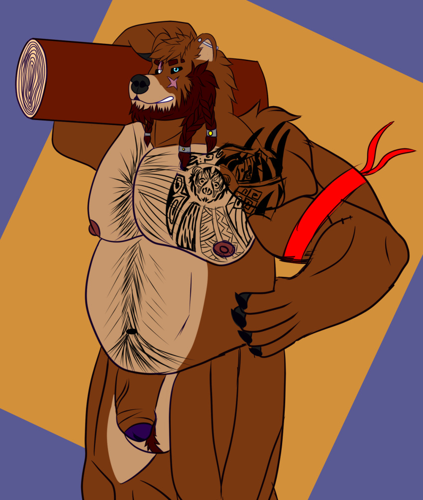 2022 anthro balls bandana beard beard_ponytail belly big_belly big_muscles blind_eye body_hair brown_body chest_tattoo claws colored digital_drawing_(artwork) digital_media_(artwork) dreadlocks ear_piercing eye_scar facial_hair facial_scar flaccid flat_colors fluffy fur gem genitals grin hair hand_on_hip happy_trail henryfda hi_res holding_(disambiguation) holding_object humanoid_genitalia humanoid_penis jewelry kerchief line_art looking_at_viewer male mammal multicolored_body multicolored_fur musclegut muscular muscular_anthro muscular_male nipples nude overweight overweight_male pawpads pecs penis piercing purple_penis scar simple_background slightly_chubby smile smirk solo tattoo text thick_thighs tribal tribal_tattoo url ursid ursine wood wood_log