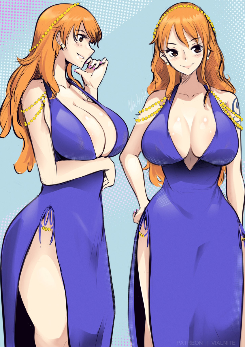 1girls brown_eyes busty cleavage curvy female female_only jewelry long_hair nami one_piece orange_hair post-timeskip purple_dress shoulder_tattoo smile solo tattoo vialnite voluptuous wide_hips