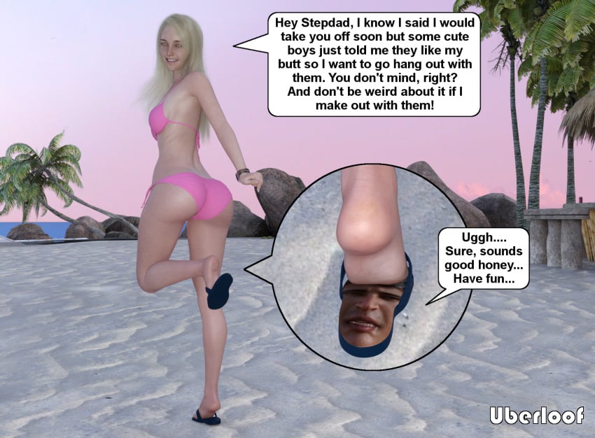 beach bikini blonde_hair caption cruel flatten flattened flattening foot_fetish foot_focus foot_worship footwear giantess gts helpless humiliation objectification sandal sandals stepdaughter stepfather stepfather_and_stepdaughter teen teenager transform transformation transformed uberloof