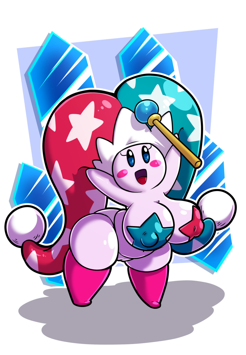 absurd_res alternate_species anthro big_breasts blue_eyes blush blush_stickers breasts clothing female female_kirby fool&#039;s_hat genitals hat headgear headwear hi_res huge_breasts humanoid kirby kirby&#039;s_return_to_dreamland kirby_(series) kirby_fem leggings legwear looking_at_viewer nintendo nipple_outline open_mouth pasties purple_body pussy sachasketchy scepter shortstack solo video_games