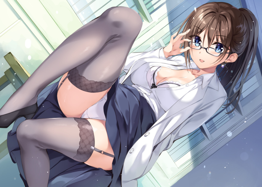 big_breasts blue_eyes boku_no_kanojo_sensei bra brown_hair classroom fujiki_maka glasses high_heels oryou panties stockings teacher undressing