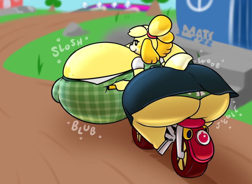 1girls animal_crossing anthro ass_bigger_than_head backboob big_ass big_breasts bike boob_window breasts_bigger_than_head clothed dog_girl female female_only furry huge_ass huge_breasts hyper hyper_breasts isabelle_(animal_crossing) mario_(series) mario_kart massive_ass massive_breasts mattthetooncat mob_face motorcycle nintendo nipples_visible_through_clothing no_bra onomatopoeia racing slosh sloshing_breasts thick_thighs underass