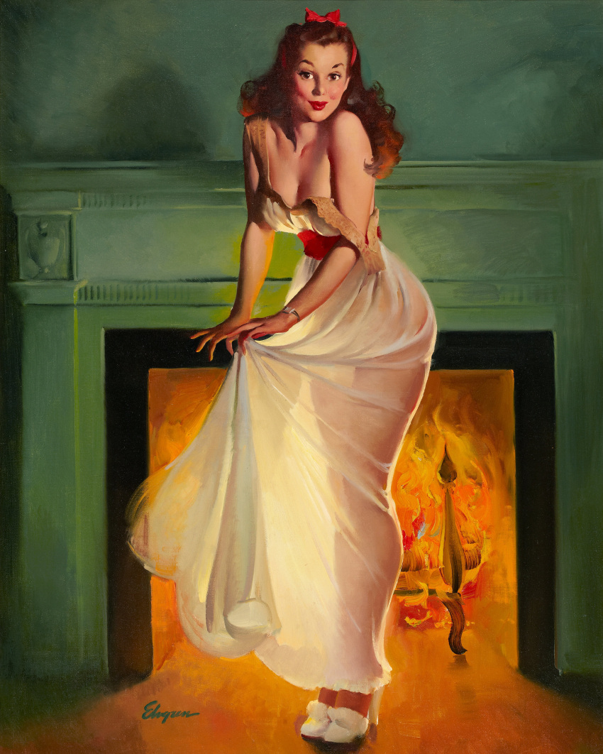 1940s 1948 1girls 20th_century 40s bent_forward breasts brown_hair cleavage dress female female_only fire fireplace gil_elvgren high_heels lifting_dress lipstick looking_at_viewer original painting_(artwork) pinup pinup_girl see-through solo straight_hair traditional_media_(artwork) vintage