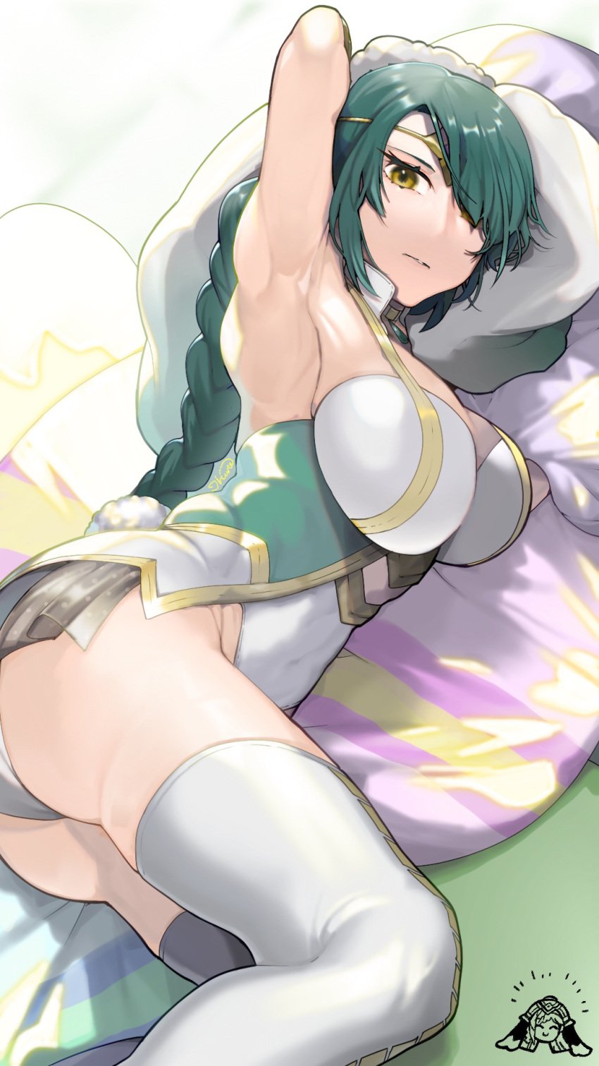 1girls armpits ass bangs big_ass braid braided_ponytail breasts circlet female female_only fire_emblem fire_emblem_heroes green_hair hair_over_one_eye highres ikura_(downdexp) large_breasts loki_(fire_emblem)_(cosplay) long_hair lying nintendo on_side panties solo thighhighs thorr_(fire_emblem) underwear upskirt white_panties white_thighhighs yellow_eyes