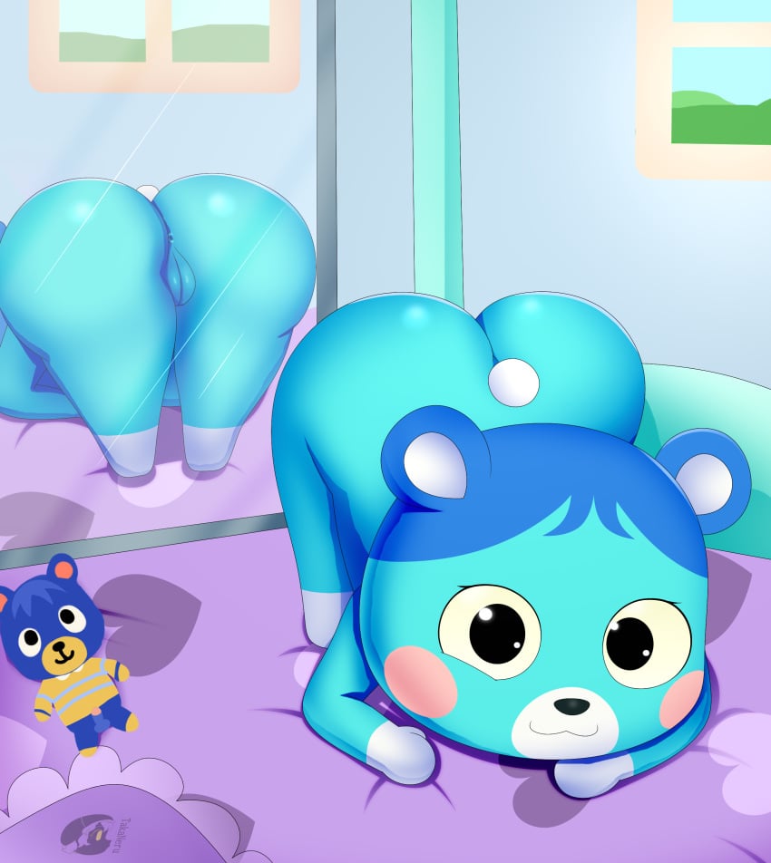 absurd_res animal_crossing anthro ass bent_over big_butt blue_body blue_fur blue_hair bluebear_(animal_crossing) female fur hair hi_res looking_at_viewer mammal nintendo nude poncho_(animal_crossing) presenting presenting_hindquarters solo solo_focus takaneru ursid video_games