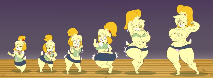 2018 alternate_breast_size animal_crossing ass_expansion breast_expansion goblinhordestudios growth growth_sequence isabelle_(animal_crossing) k9wolf muscle_growth nintendo