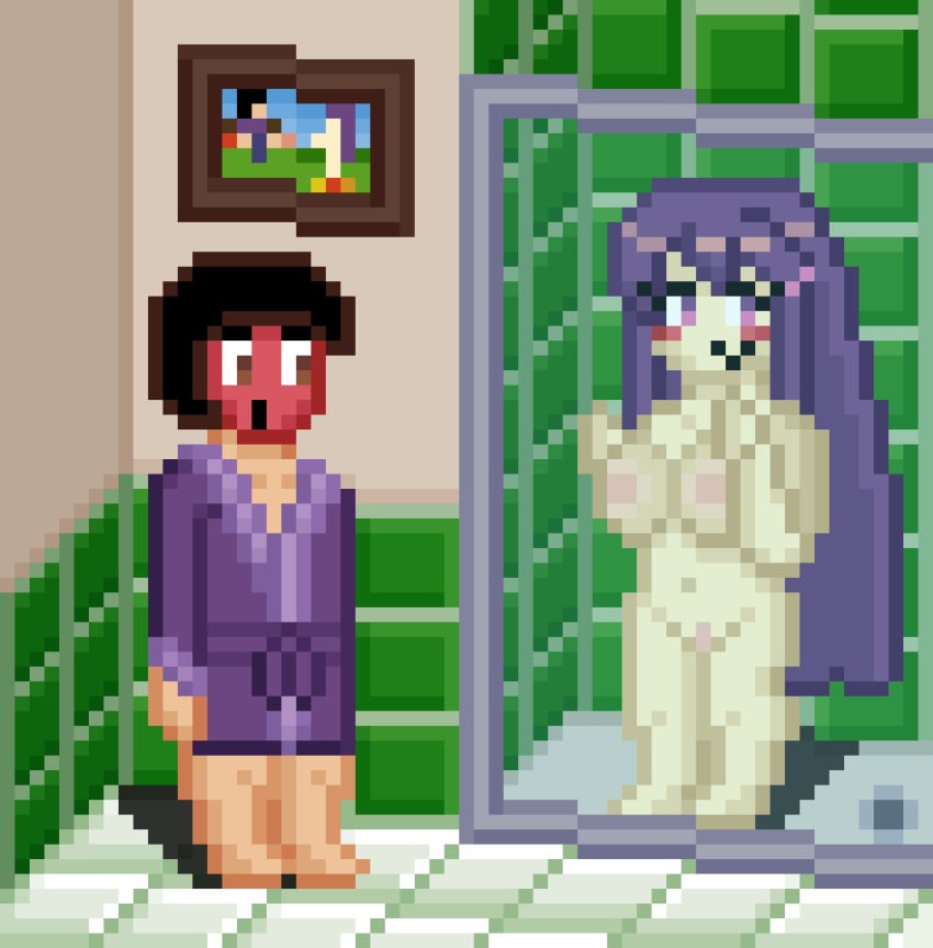 1girls against_glass bathroom blush breasts breasts_against_glass clothed_male_nude_female cmnf completely_nude completely_nude_female doki_doki_literature_club embarrassed embarrassed_female female full_body glass glass_door long_hair naked naked_female navel nsfw_pixel_art nude nude_female pixel_art purple_hair robe shower squished_breasts thelewderturner yuri_(doki_doki_literature_club)