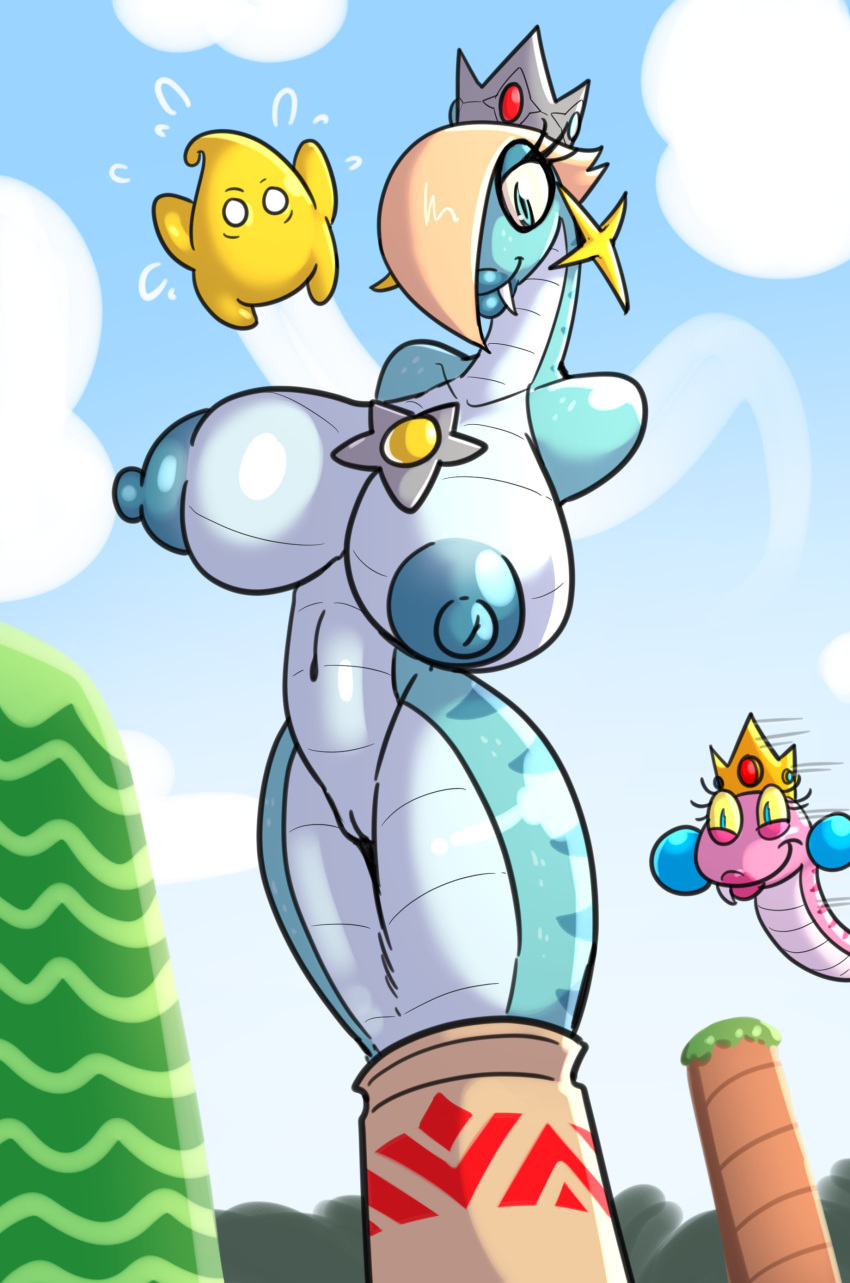 absurd_res alternate_species ambiguous_gender anthro armless big_breasts blue_body blue_scales breasts chest_gem cobrat crown ear_piercing female group hi_res jar luma mario_(series) nintendo nipples piercing princess_peach princess_rosalina reptile sachasketchy scales scalie snake solo species_transformation stripes super_mario_bros._2 super_mario_galaxy transformation trio video_games