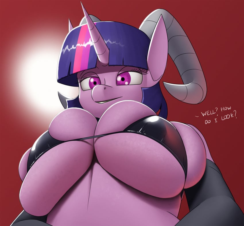 1girls anthro big_breasts bikini bikini_top creatiffy demon_horns female female_focus female_only friendship_is_magic horns huge_breasts humanoid long_hair looking_down low-angle_view my_little_pony purple_eyes purple_fur purple_hair purple_skin skindentation succubus twilight_sparkle_(mlp)