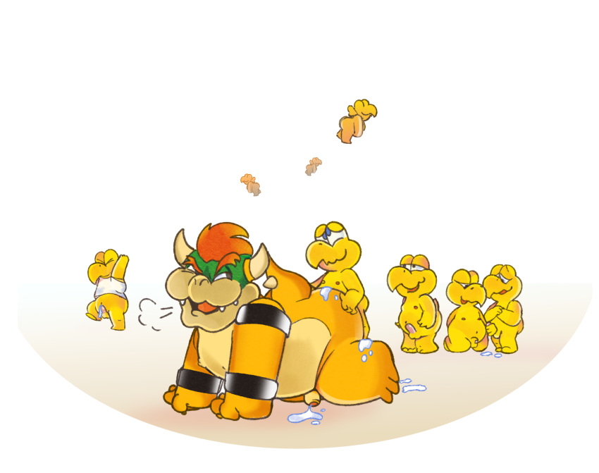 6boys anthro being_watched blush bodily_fluids bottomless bowser breath clothed clothing cum flaccid gay gay_sex genital_fluids genitals group hi_res koopa koopa_troopa looking_at_another male male/male mario_(series) masturbation nintendo panting penis punstar scalie simple_background size_difference video_games