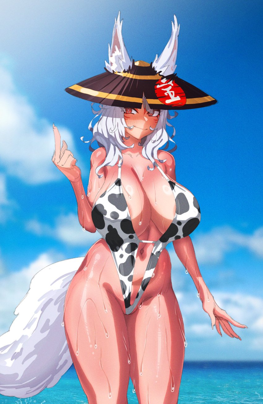 absurdres animal_ears areola_slip blue_sky blush breasts cleavage cowboy_shot day female fox_ears fox_girl fox_tail grey_hair hat highres huge_breasts makinakid medium_hair mole mole_under_eye navel nijisanji nijisanji_en nina_kosaka ocean red_eyeliner red_eyes shiny shiny_hair shiny_skin short_eyebrows sky slingshot_swimsuit solo standing swimsuit tail virtual_youtuber water wet