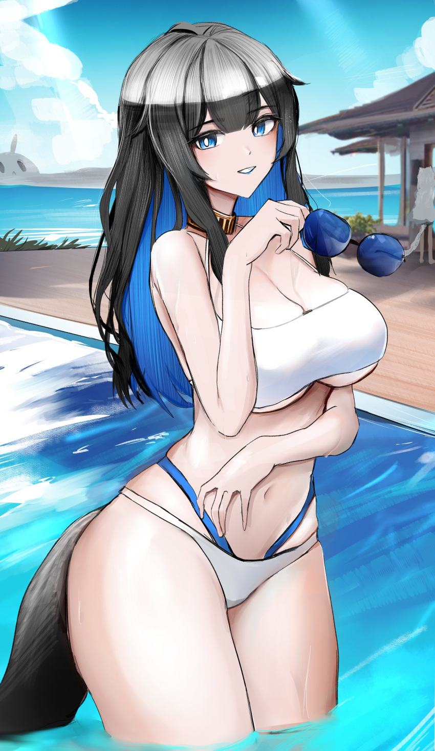 1girls arknights artist_request belly belly_button big_breasts bikini black_hair blue_eyes blue_hair blue_lips breasts busty cleavage cloud cloudy_sky collar curvaceous curves curvy dark_hair day female female_only gigantic_breasts hair_between_eyes hand_on_stomach holding_object holding_sunglasses huge_breasts kjera_(arknights) large_breasts light-skinned_female light_skin long_hair looking_at_viewer massive_breasts multicolored_hair seductive seductive_look seductive_pose seductive_smile smile solo solo_female standing standing_in_water sunglasses sunglasses_in_hand sunglasses_removed swimming_pool swimsuit swimwear tail thick thick_legs thick_thighs thighs tummy two_tone_hair voluptuous wawamachi wide_hips