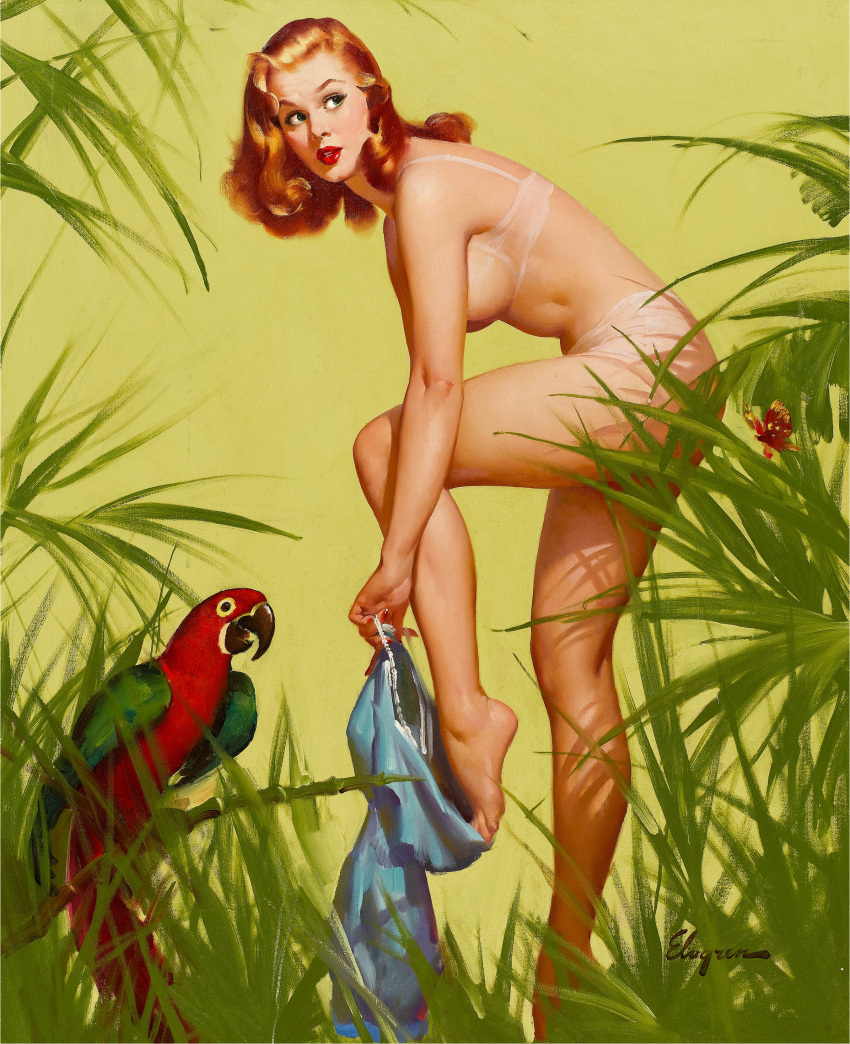 1950s 1957 1girls 20th_century 50s ass bra breasts brown_&_bigelow brown_hair dress dressing female female_only gil_elvgren grass leg_up lipstick nail_polish painting_(artwork) panties parrot pinup pinup_girl side_view solo straight_hair thighs traditional_media_(artwork) vintage