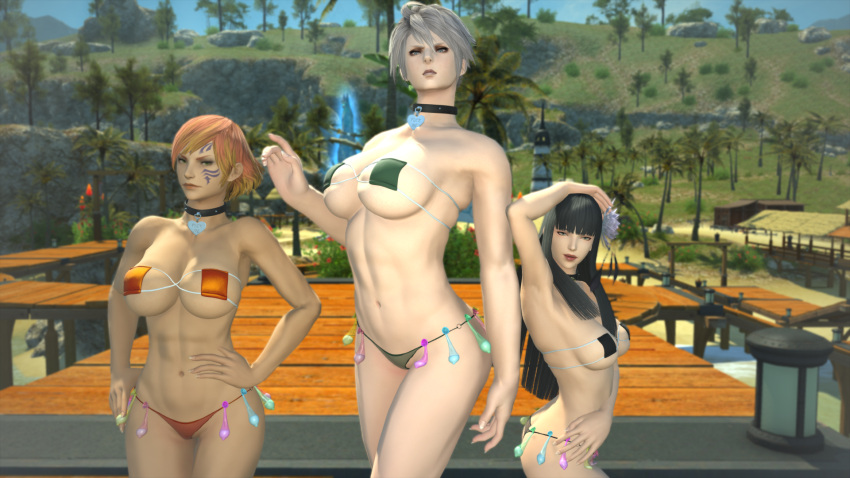 3d abs ash_blonde_hair ass big_breasts bikini black_hair collar condom_belt eyepatch_bikini final_fantasy final_fantasy_xiv fordola_rem_lupis gpose(ffxiv) green_eyes highlander hyur implied_after_sex inviting_to_sex long_hair looking_at_viewer midlander misija_votyasch orange_hair roegadyn short_hair silver_eyes swimsuit yotsuyu_(final_fantasy_xiv)