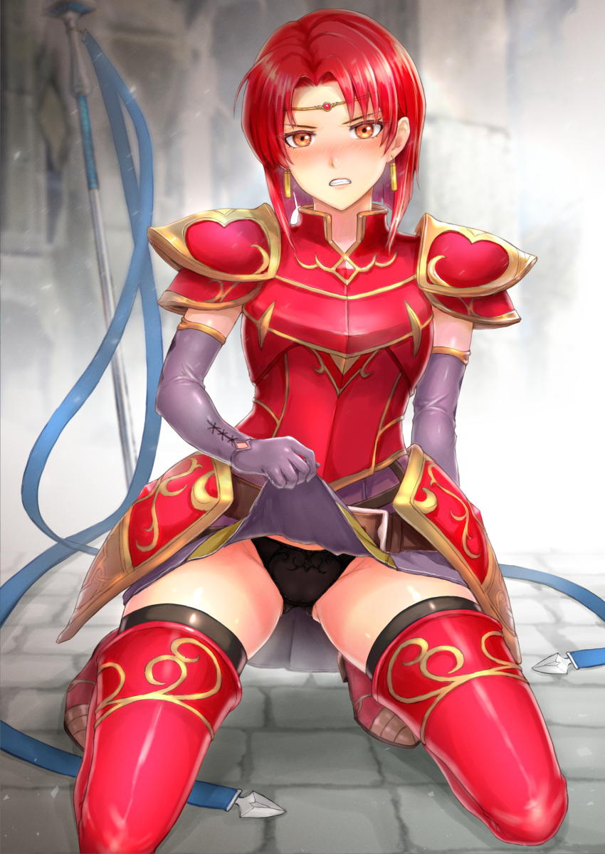 1girls angry armor ass_visible_through_thighs bare_thighs black_panties blush boots cameltoe clenched_teeth clothes_lift earrings elbow_gloves embarrassed female female_only fire_emblem fire_emblem:_the_binding_blade gloves kneeling lifted_by_self looking_at_viewer medium_hair melady_(fire_emblem) nintendo orange_eyes panties rape red_hair sasagawa_(haikaiki) shoulder_pads side-tie_panties skirt solo spear thigh_boots thighhighs thighs underwear unhappy_female upskirt weapon