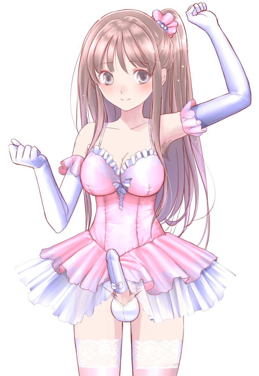 1futa arms_up balls brown_hair clothed clothing cock_sleeve_(clothes) dress elbow_gloves erection futa_only futanari gloves huge_cock human light-skinned_futanari light_skin liza_(artist) long_hair panties penis ponytail solo standing thighhighs