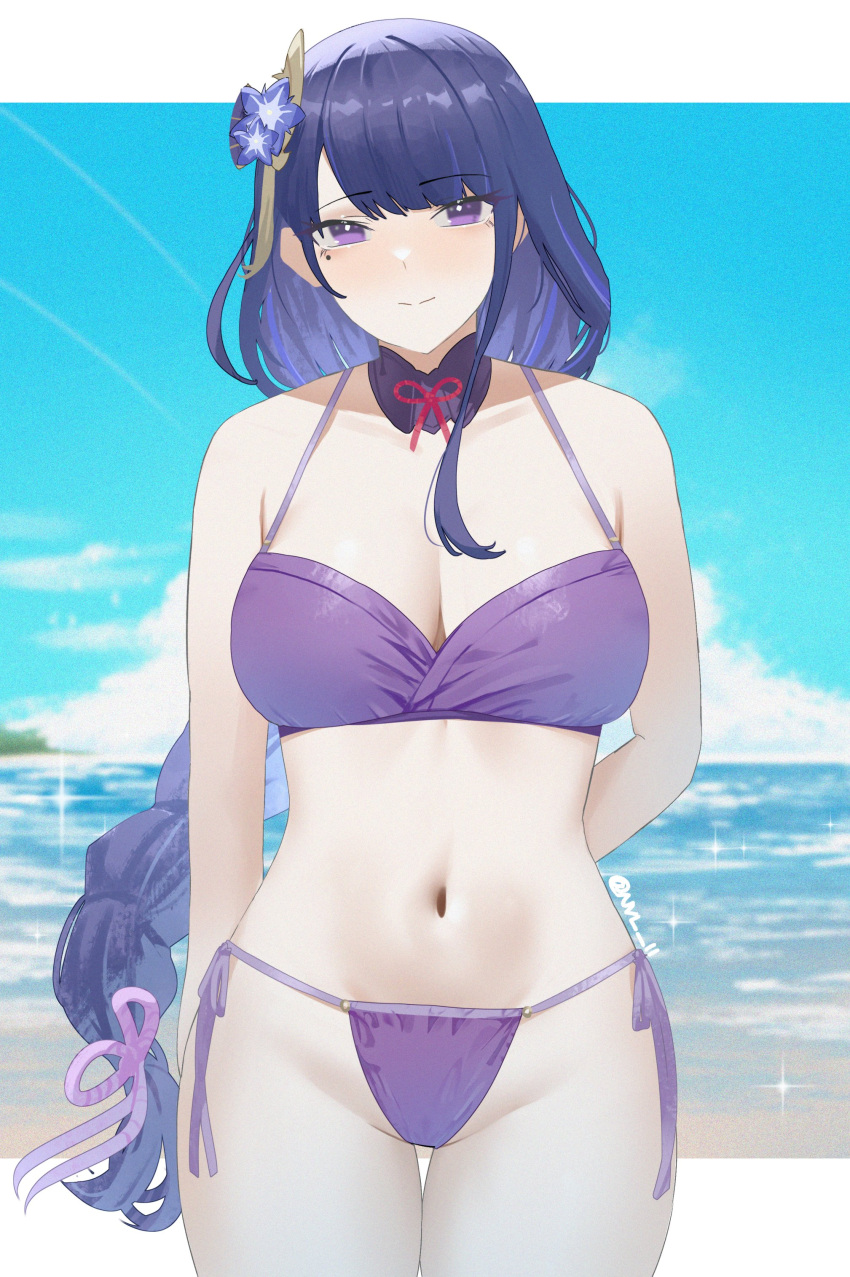 1girls beach bikini busty female female_only genshin_impact navel nvl purple_eyes purple_hair raiden_shogun solo solo_female swimsuit thick_thighs voluptuous