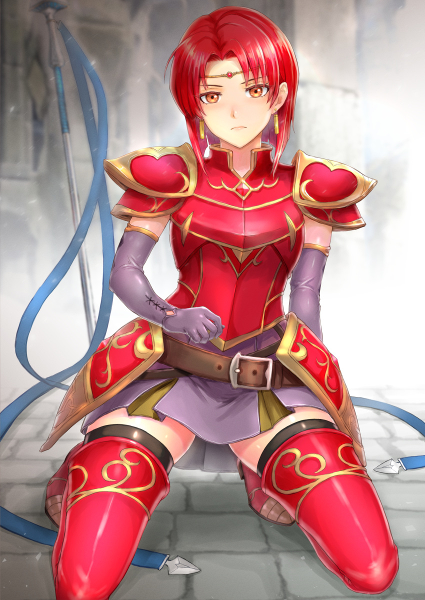 1girls armor bare_thighs blush boots earrings elbow_gloves expressionless female female_only fire_emblem fire_emblem:_the_binding_blade gloves kneeling looking_at_viewer medium_hair melady_(fire_emblem) nintendo orange_eyes rape red_hair sasagawa_(haikaiki) shoulder_pads skirt solo spear thigh_boots thighhighs thighs weapon