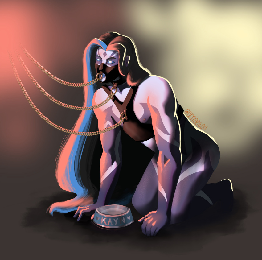 1boy bondage collar gay glowing_eyes harness kayn league_of_legends leash long_hair male male_only mask masked_male nipples orngetea petplay puppyplay solo_male tattoo tattoos yaoi